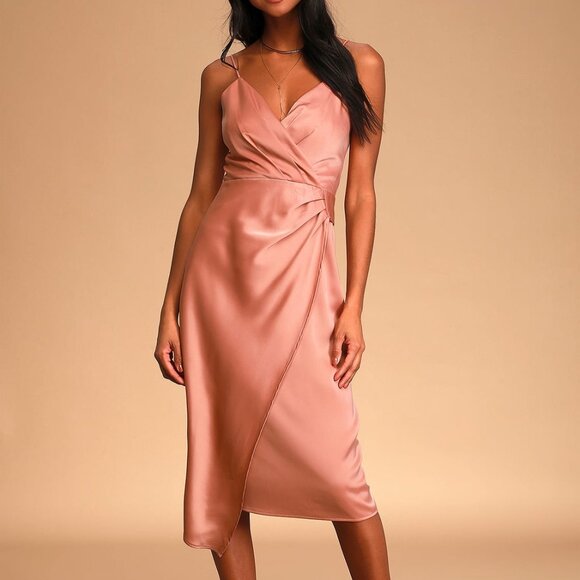 Lulus Quite Likely Rose Pink Satin Asymmetrical Midi Dress Size Small - Picture 1 of 10